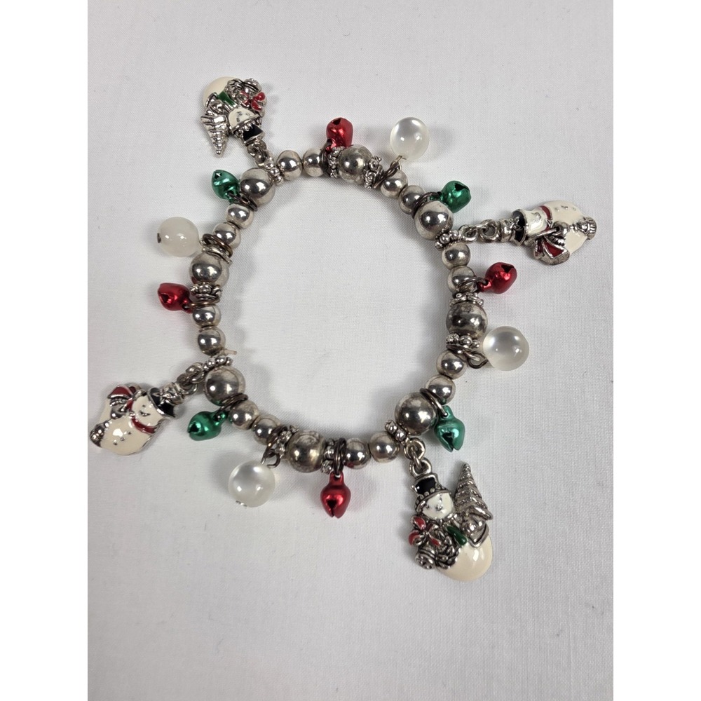 Holiday Christmas Charm Bracelet Beaded‎ Stretch Snowman Red Green Bells Gift
